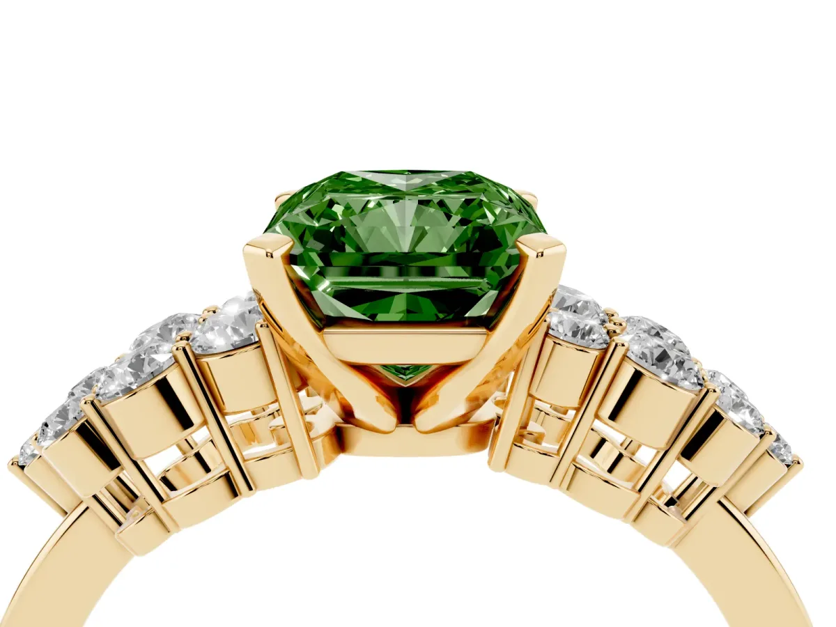 Fancy Green Radiant Cut Cluster Diamond Engagement Ring with Pavé Band and Four-Prong Setting Yellow gold