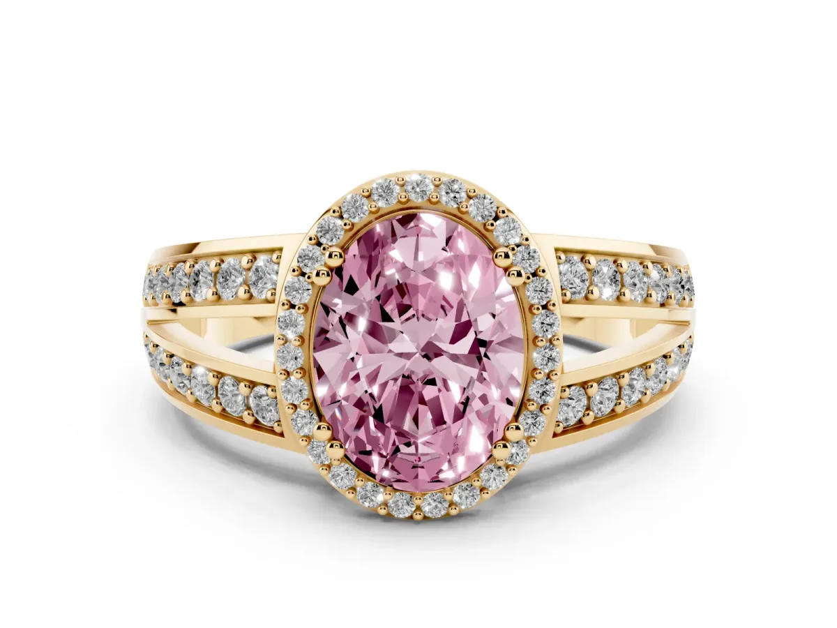Fancy Pink Oval Cut Diamond Halo Ring with Split Shank Pavé Band and Four-Prong Setting Yellow gold