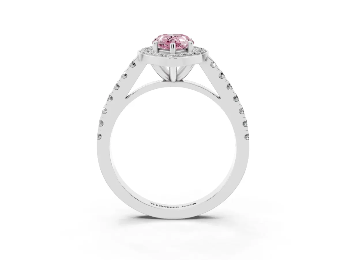 Fancy Pink Pear Cut Diamond Halo Ring with Round Pavé Split Shank and Prong Setting Silver
