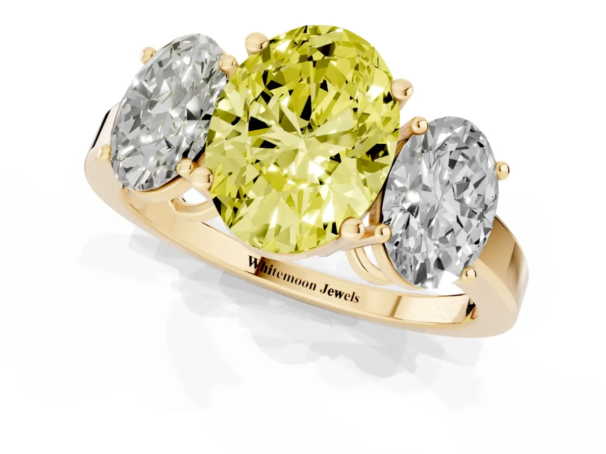 Fancy Yellow Three-Stone Oval Cut Cut Diamond Engagement Ring with Flat Band and Four-Prong Setting Yellow gold