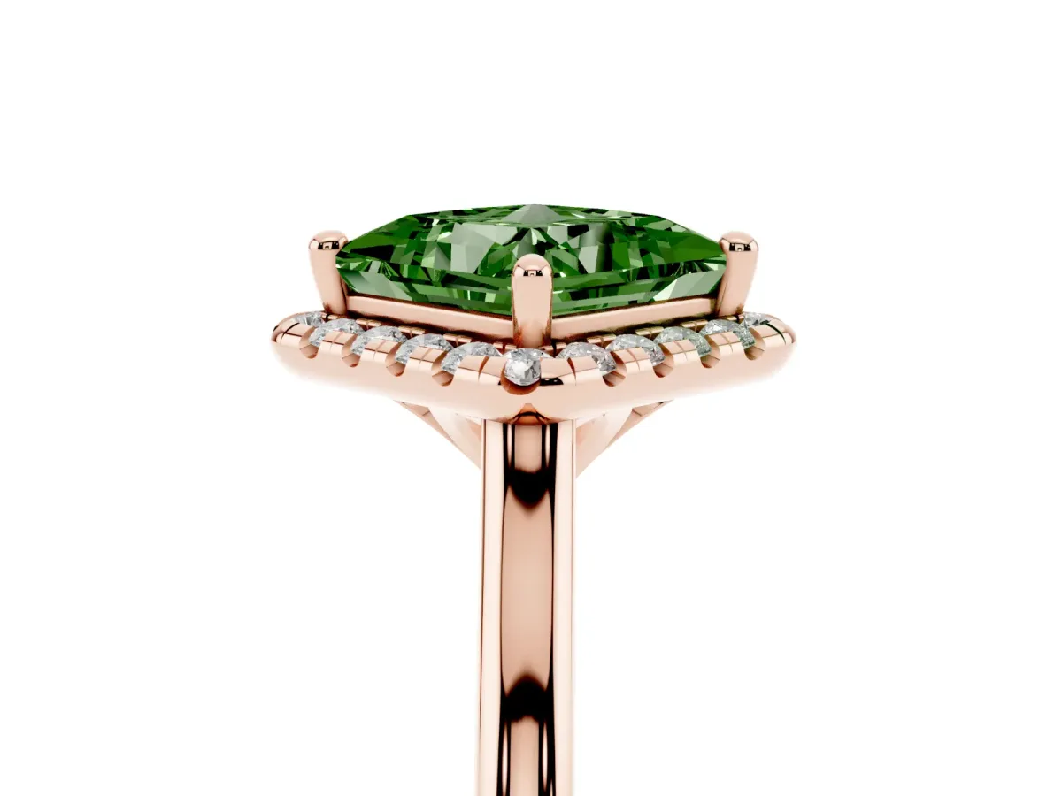 Fancy Green Princess Cut Halo Round Diamond Solitaire Engagement Ring with Pave Band and Four-Prong Setting Rose gold