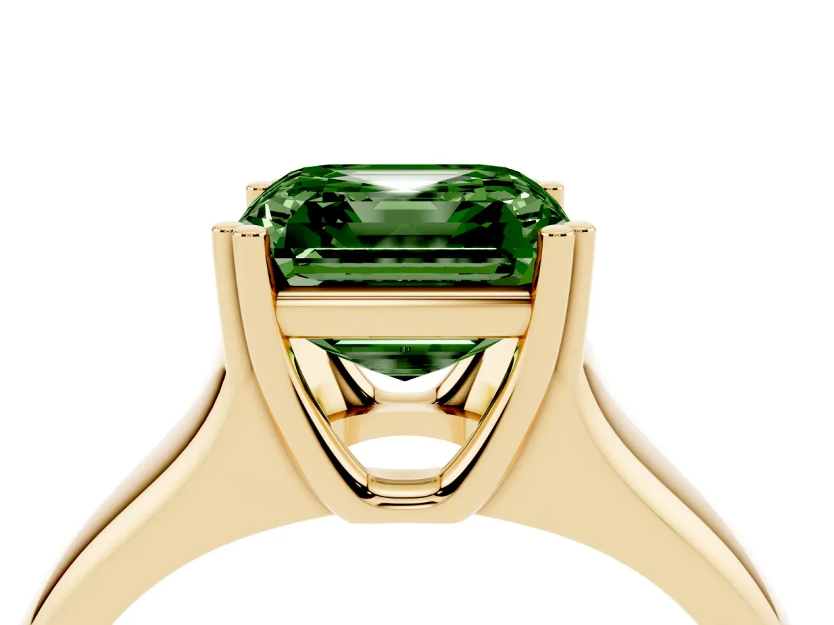 Fancy Green Asscher Cut Diamond Solitaire Ring with Wide Band and Prong Setting Yellow gold