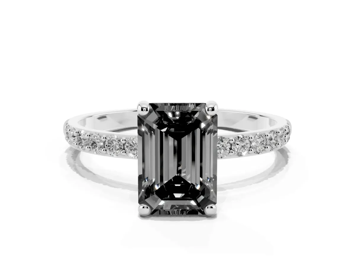 Fancy Black Emerald Cut Diamond Solitaire Ring with Round Pavé Band and Prong Setting Silver