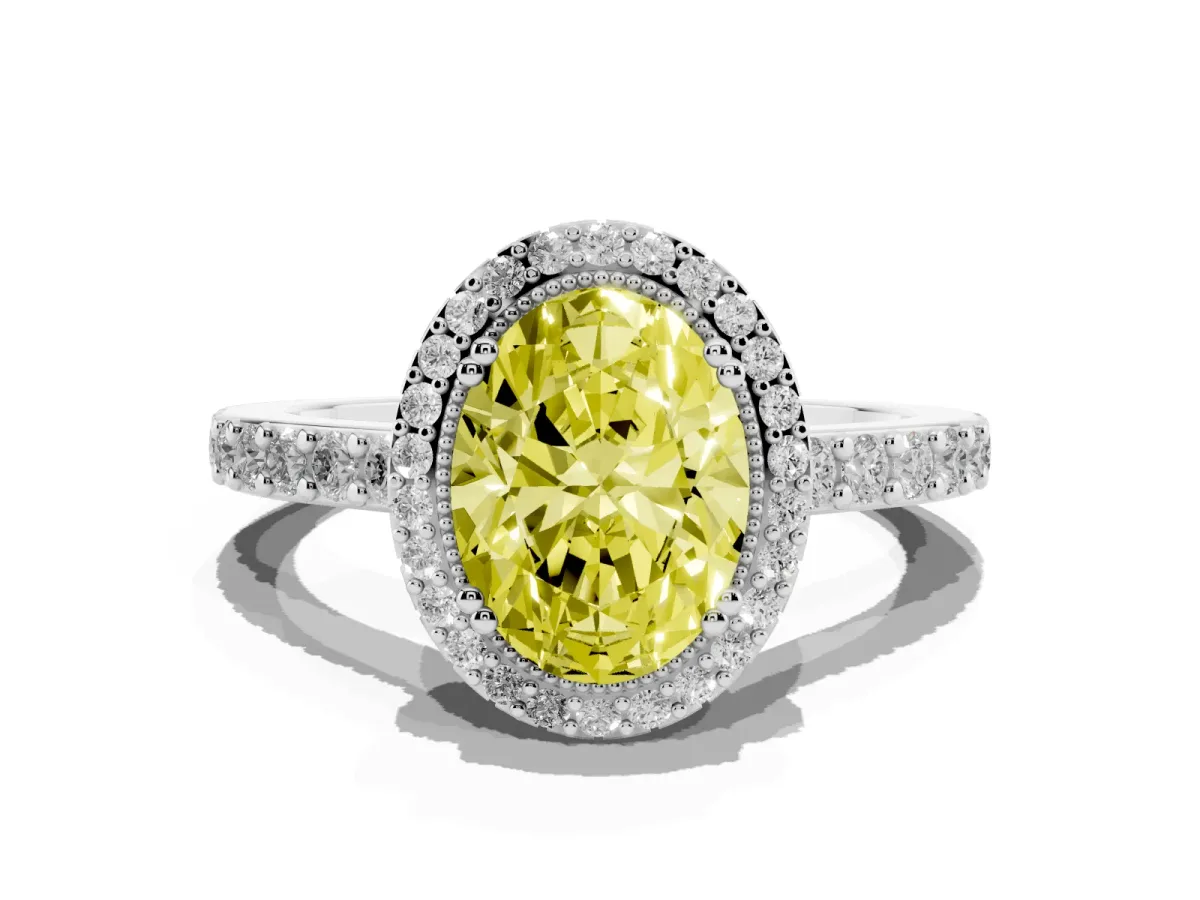 Fancy Yellow Oval Cut Cut Diamond Halo Engagement Ring with Milgrain Detail and Pavé Band Silver