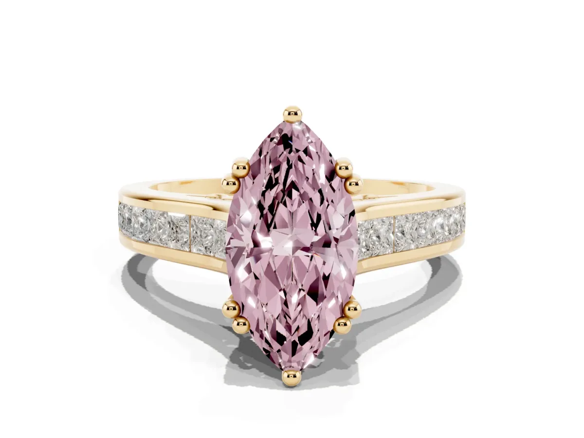 Fancy Pink Marquise Cut Cut Channel Set Solitaire Engagement Ring with Prong Setting Yellow gold