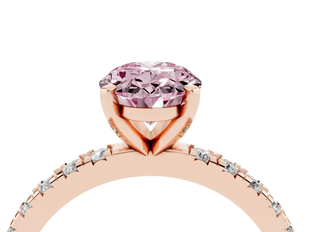 Fancy Pink Oval Cut Diamond Pavé Band Solitaire with Four-Prong Setting Rose gold