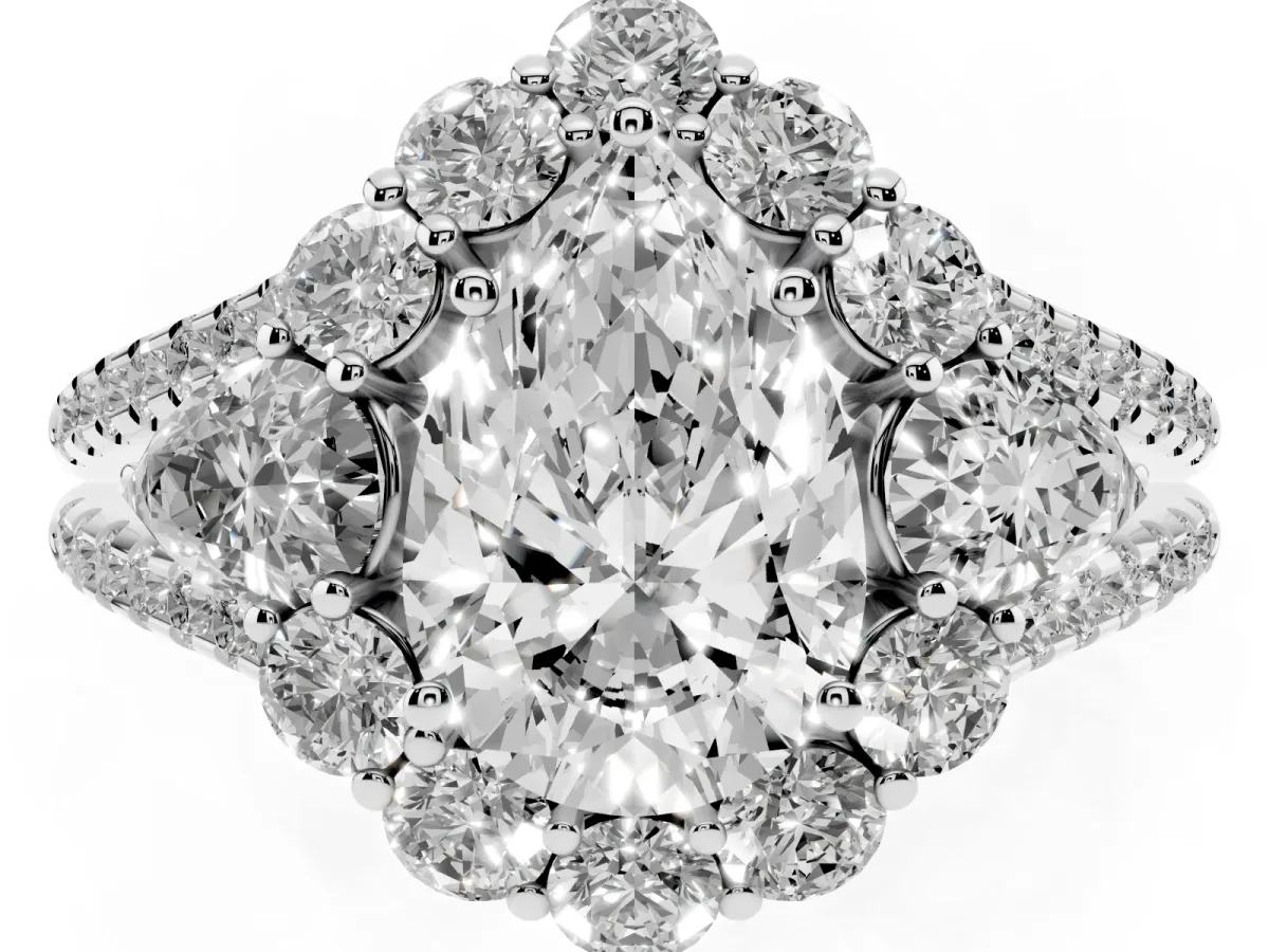 Pear Cut Halo Split Shank Diamond Engagement Ring with Prong Setting Silver