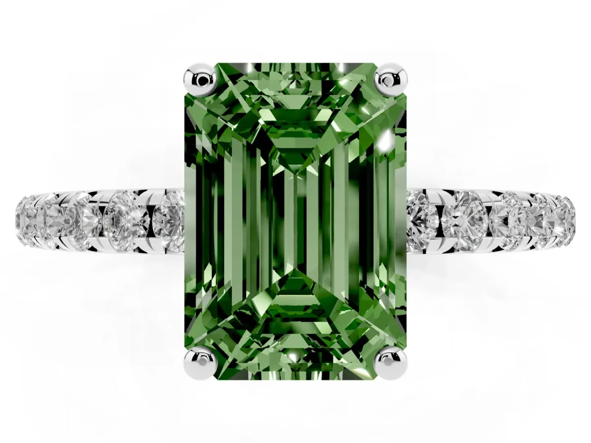 Fancy Green Emerald Cut Cut Diamond Solitaire Ring with Micro Pave Band and Four Prong Setting Silver