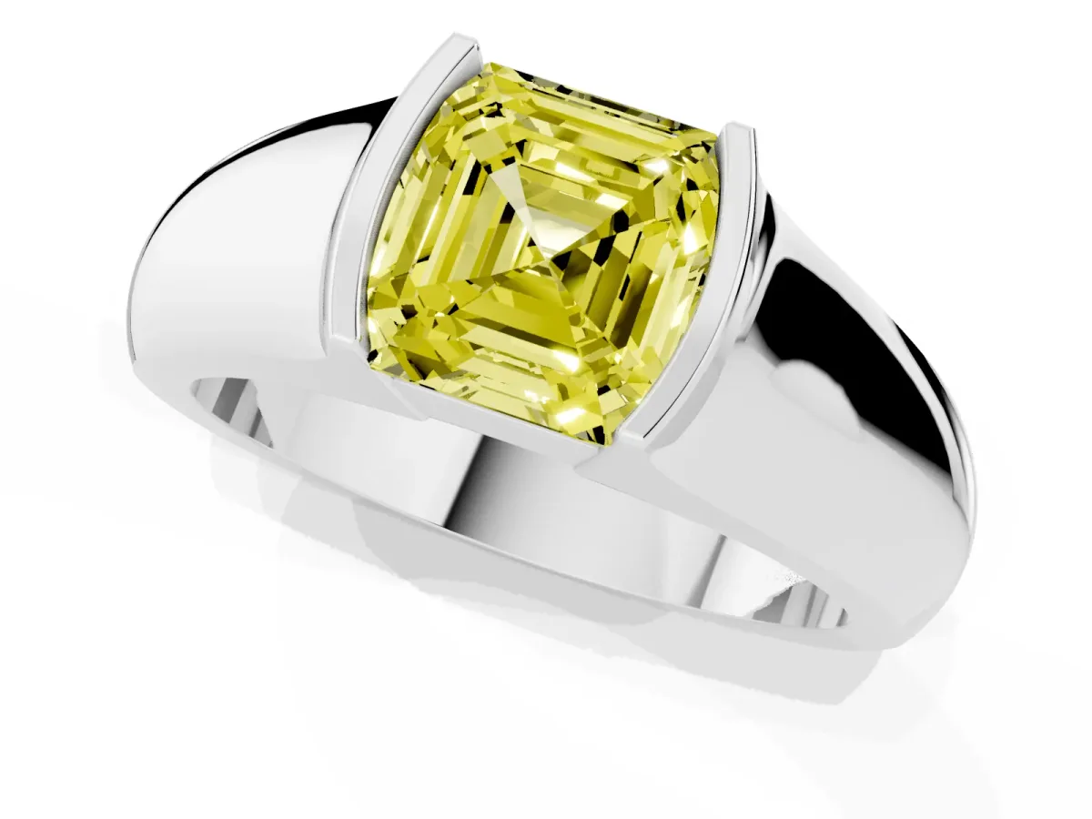 Fancy Yellow Asscher Cut Solitaire Bezel Set Diamond Ring with Wide Band Platinum