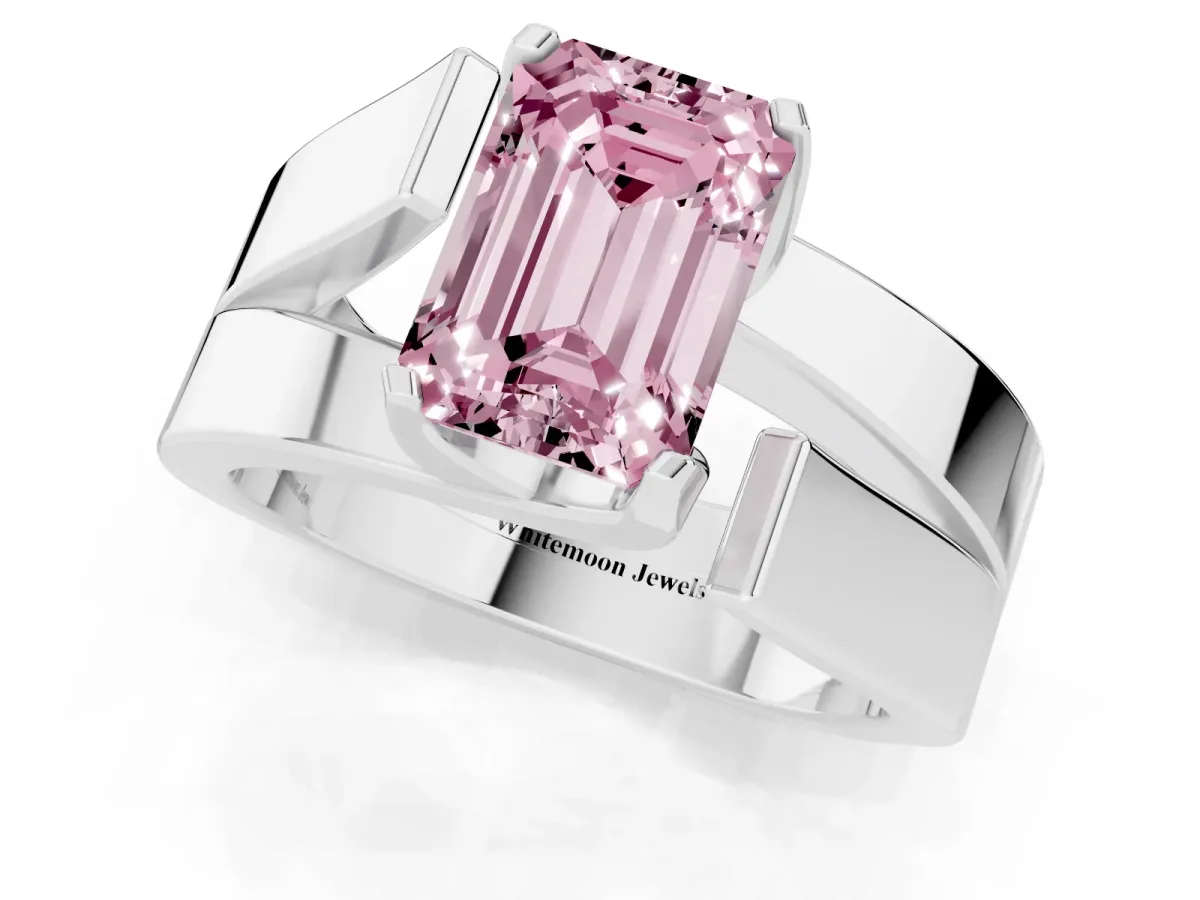 Fancy Pink Modern Tension Set Emerald Cut Diamond Solitaire Wide Band Ring Silver