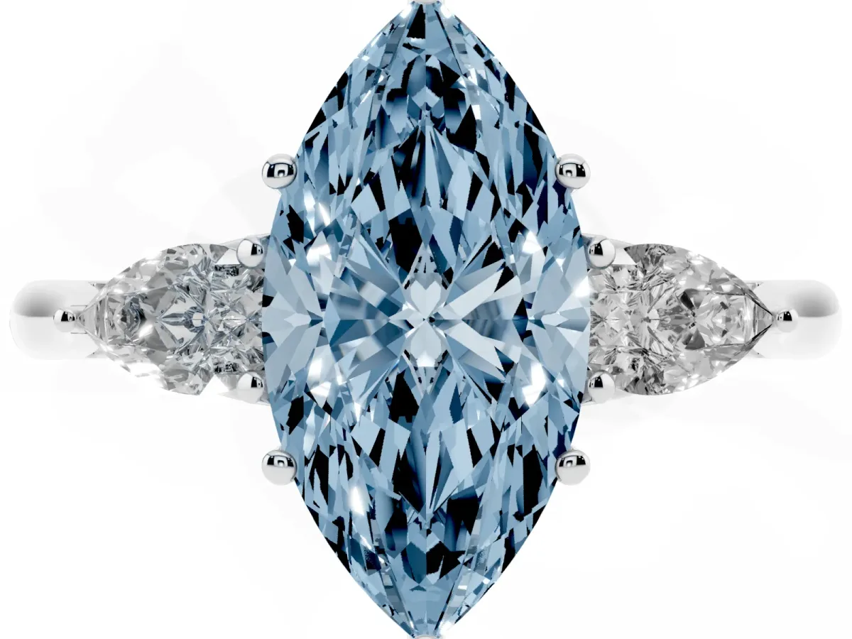 Fancy Blue Three-Stone Marquise Cut Brilliant Diamond Solitaire Ring with Tapered Band and Four-Prong Setting White gold