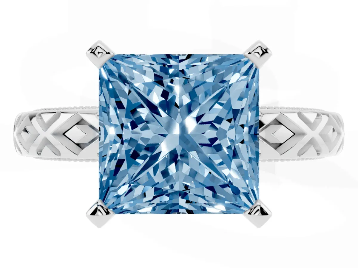 Fancy Blue Princess Cut Solitaire Diamond Ring with Milgrain and Black Enamel X Pattern Band Silver