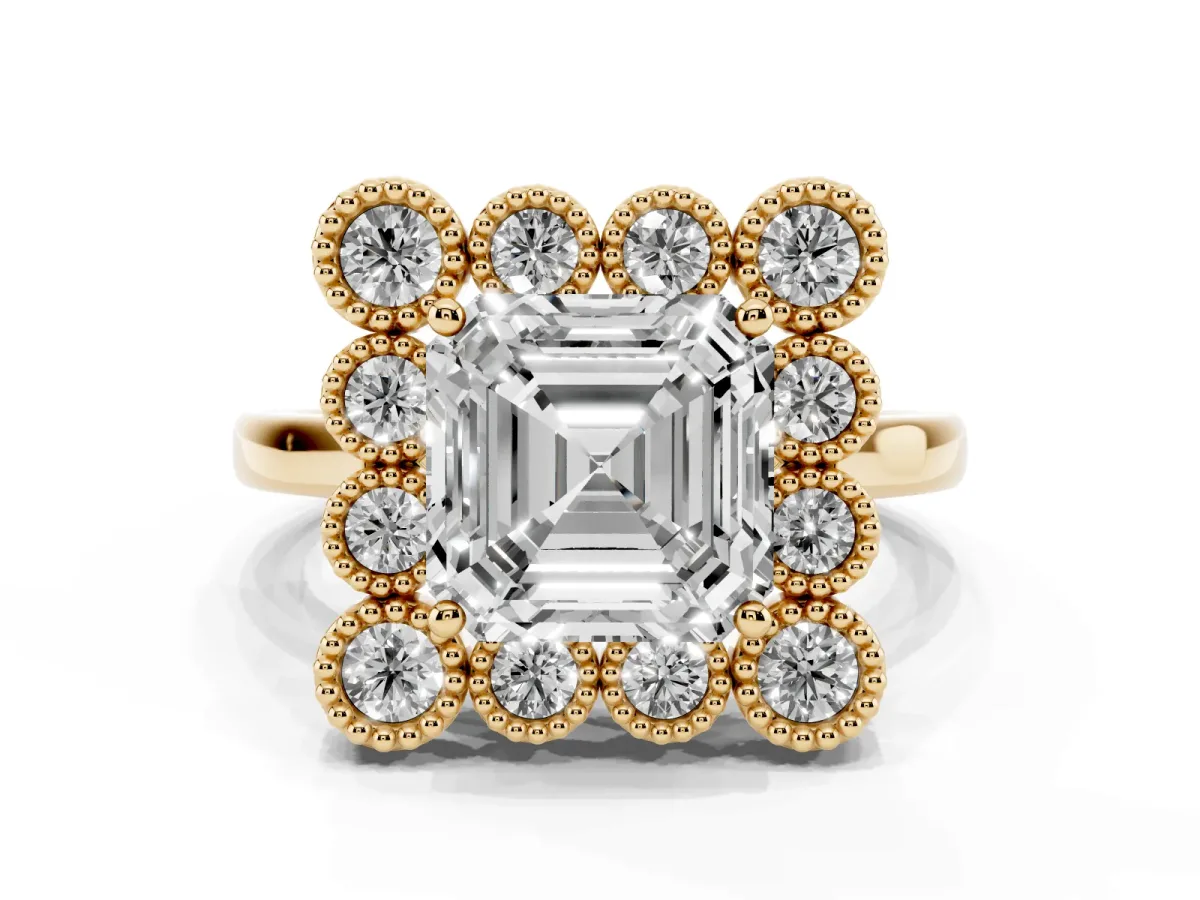 Asscher Cut Halo Diamond Cluster Engagement Ring with Milgrain Bezel Setting and Solitaire Band Yellow gold