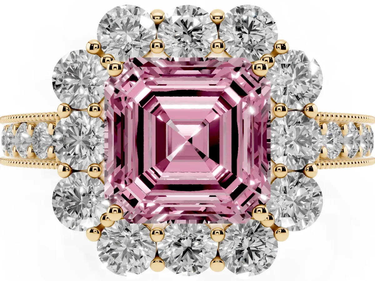 Fancy Pink Asscher Cut Cut Halo Diamond Pavé Engagement Ring with Milgrain Detailing Yellow gold