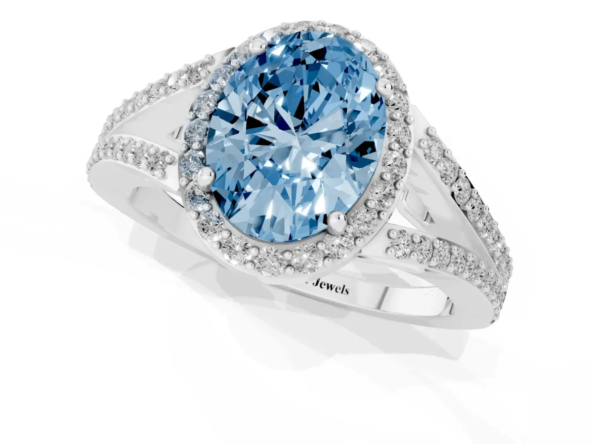Fancy Blue Oval Cut Halo Split Shank Diamond Ring with Prong Setting Platinum