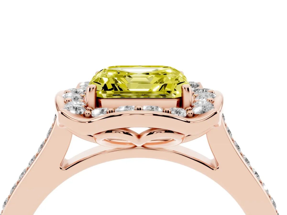 Fancy Yellow Asscher Cut Halo Round Diamond Pave Band with Four-Prong Setting Rose gold