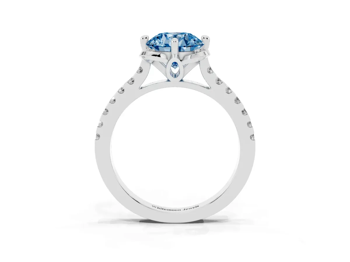 Fancy Blue Round Cut Diamond Ring with Pavé Band and Floral Prong Setting Silver