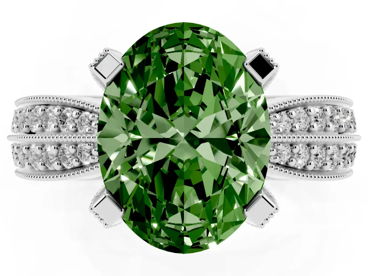 Fancy Green Oval Cut Diamond Solitaire Ring with Milgrain Round Pavé Band and Prong Setting White gold