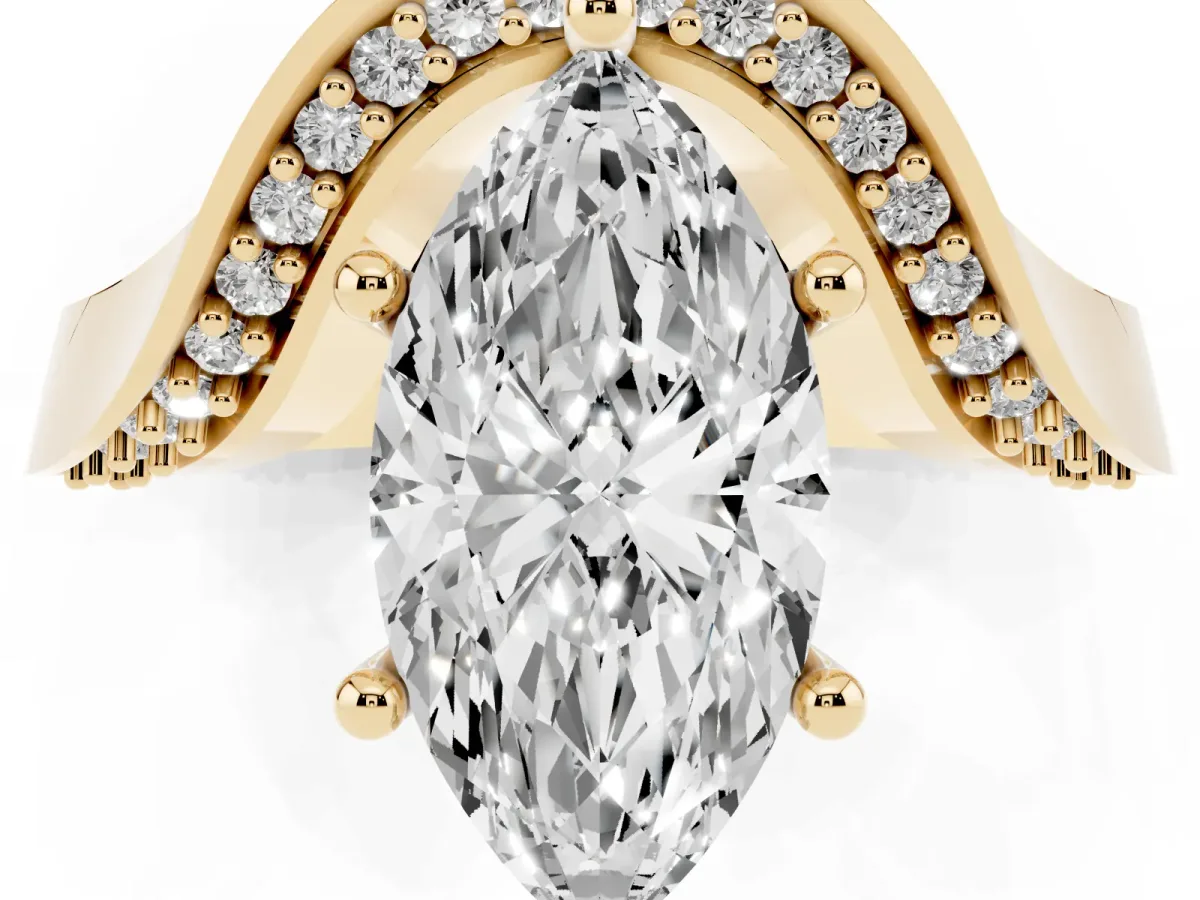 Marquise Cut Solitaire Diamond Engagement Ring with Pave Band and Four-Prong Setting Yellow gold