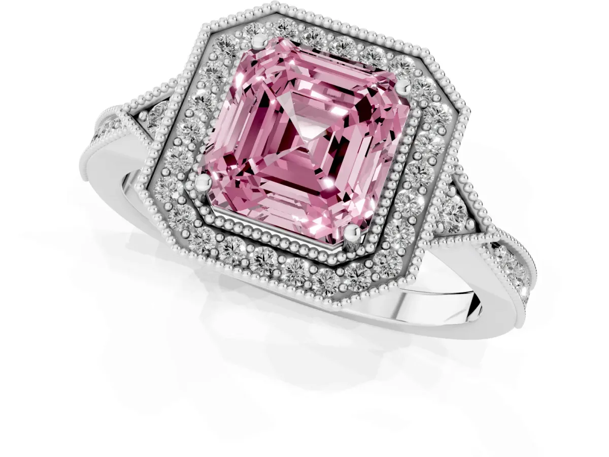 Fancy Pink Asscher Cut Halo Round Diamond Milgrain Pave Engagement Ring Platinum