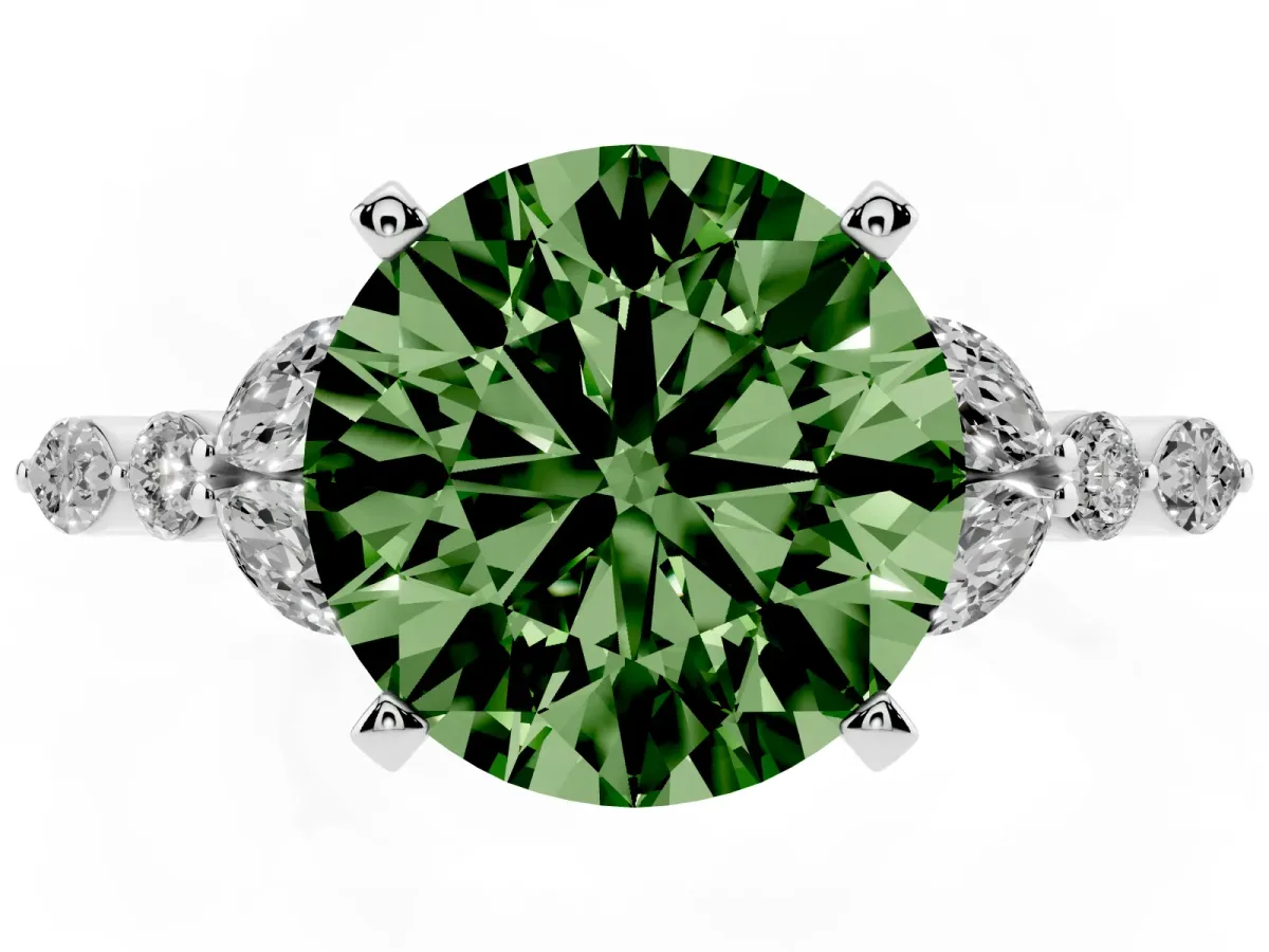 Fancy Green Round Cut Diamond Solitaire Ring with Side Stones and Four-Prong Setting Silver