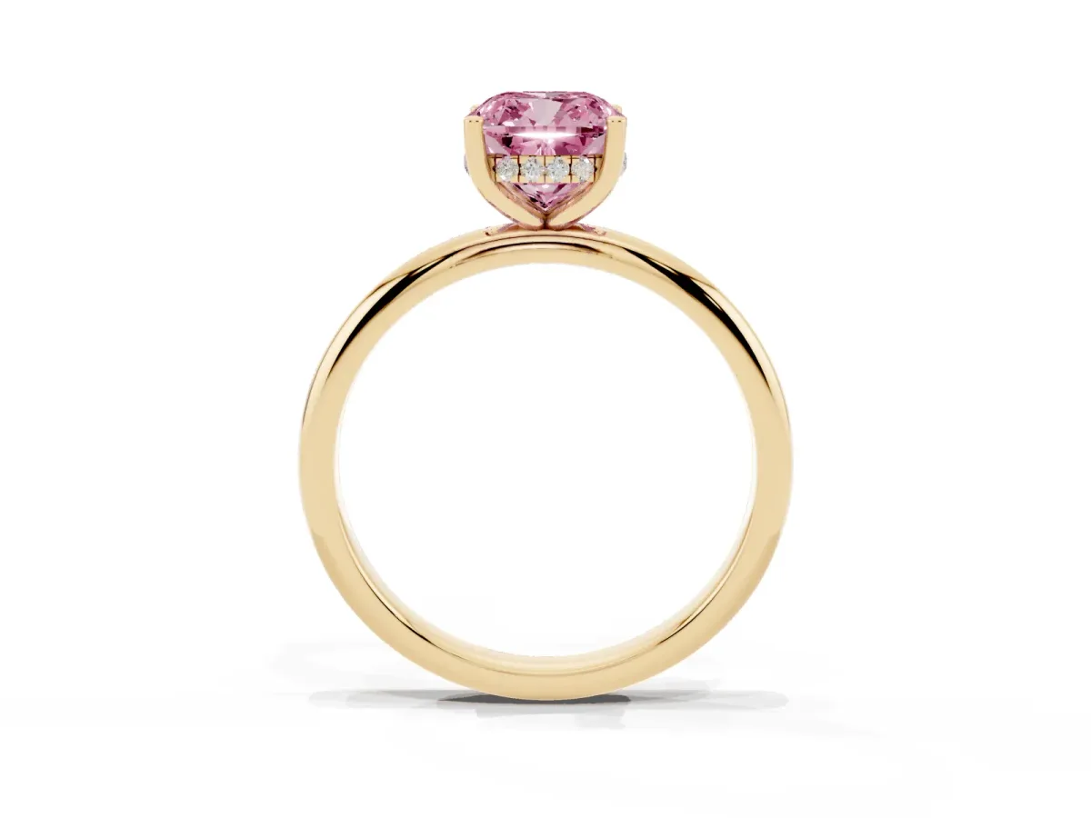 Fancy Pink Cushion Cut Cut Solitaire Engagement Ring with Four-Prong Setting and Classic Band Yellow gold
