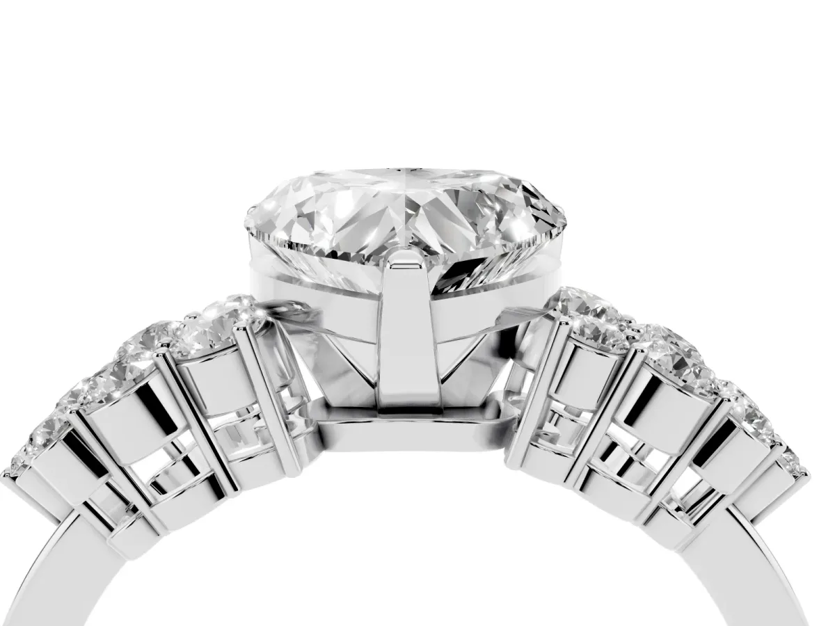 Heart Cut Cluster Diamond Engagement Ring with Pavé Band and Four-Prong Setting Silver
