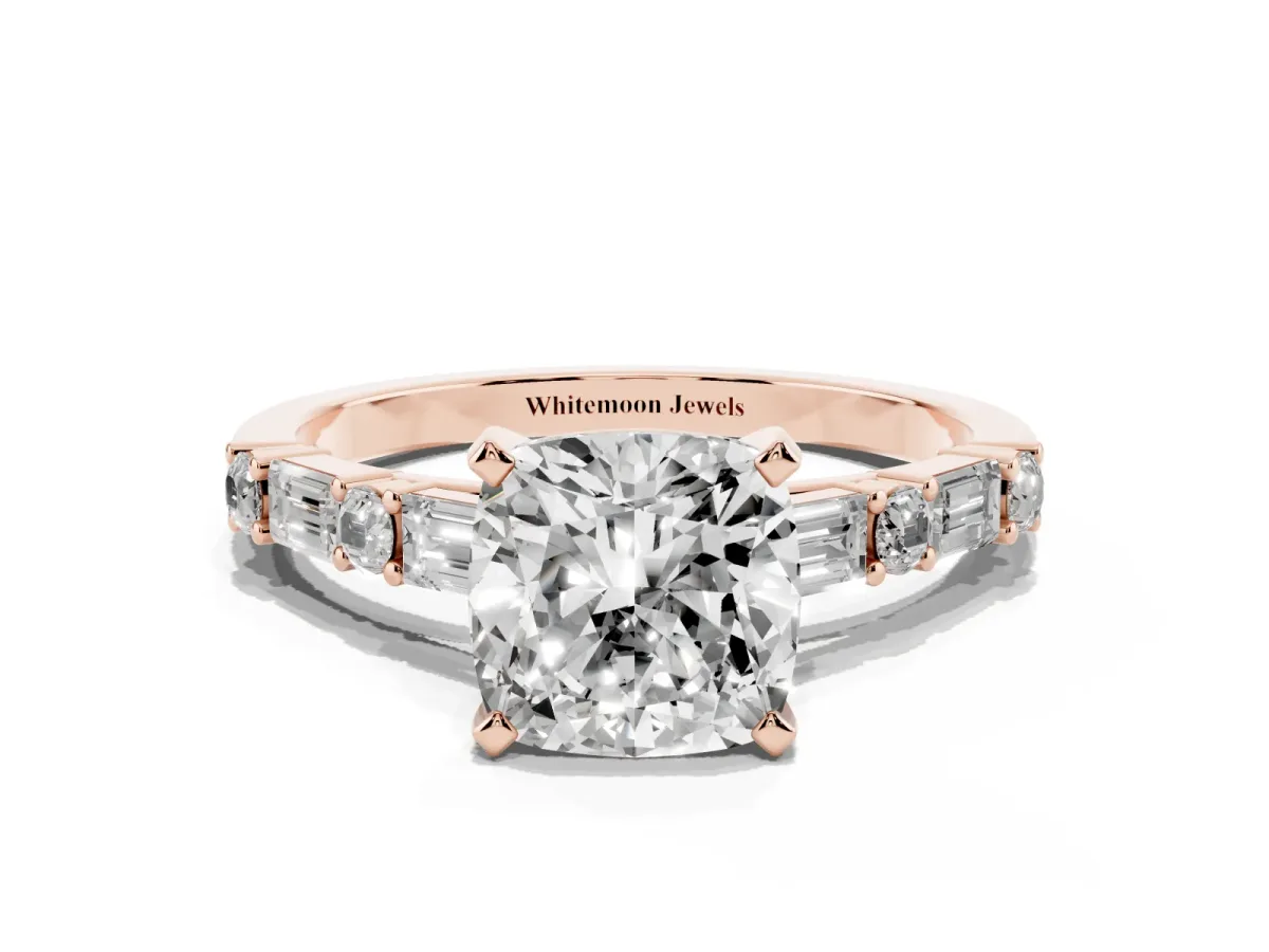 Cushion Cut Diamond Solitaire with Side Baguettes and Channel Set Band Rose gold