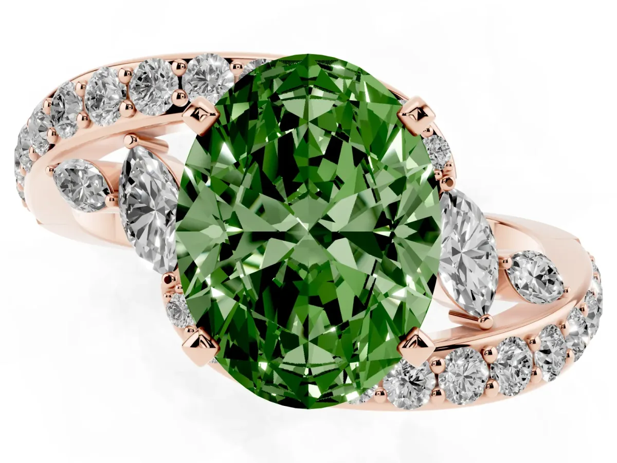 Fancy Green Oval Cut Solitaire with Pavé Twist Band and Four-Prong Setting Rose gold