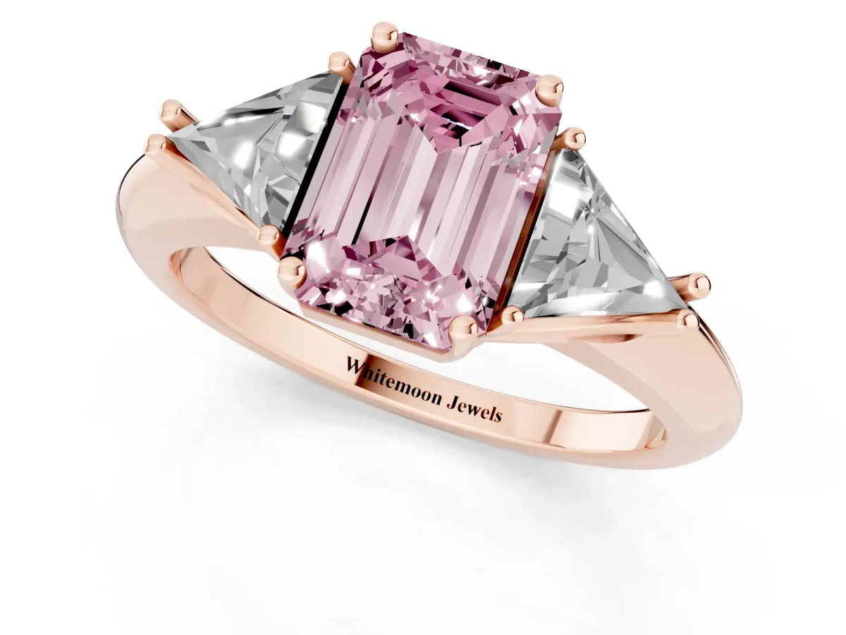 Fancy Pink Three-Stone Emerald Cut Diamond Engagement Ring with Trillion Side Stones and Prong Setting Rose gold