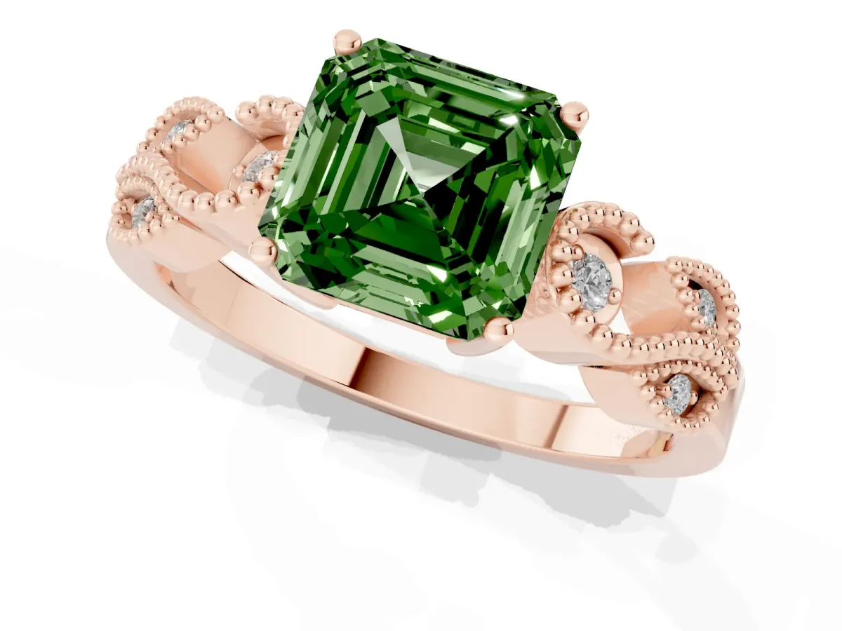 Fancy Green Asscher Cut Solitaire Milgrain Leaf Band with Prong Setting Rose gold