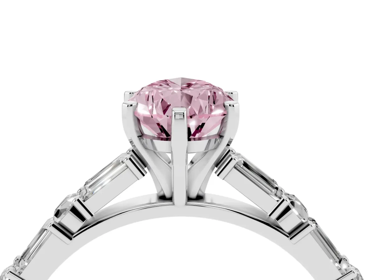 Fancy Pink Pear Cut Diamond Solitaire with Side Baguettes and Channel Set Band Silver