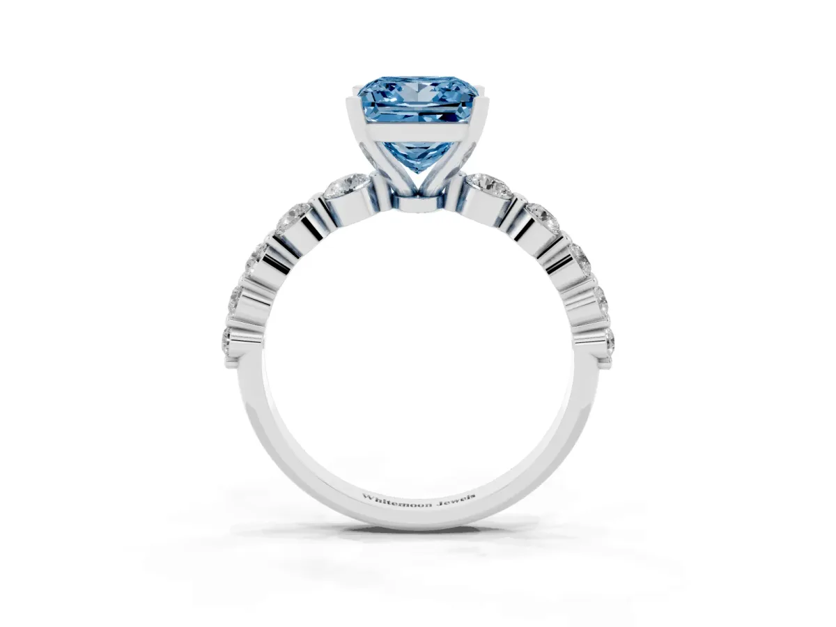 Fancy Blue Princess Cut Solitaire Diamond Ring with Pave Band and Four-Prong Setting Silver