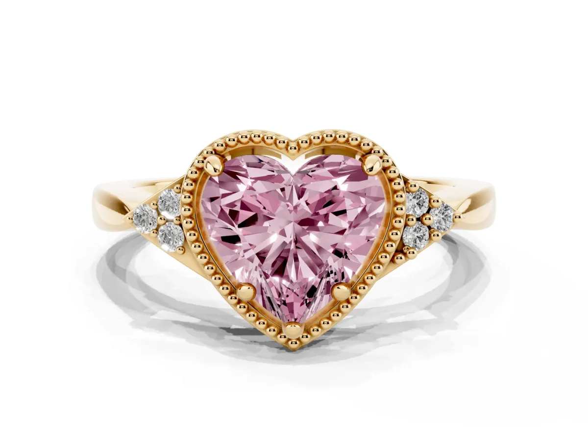Fancy Pink Hexagonal Halo Heart Cut Diamond Solitaire with Pavé Band and Four-Prong Setting Yellow gold