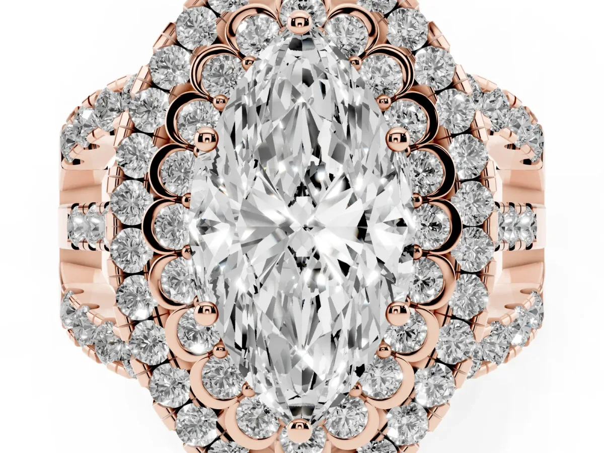 Marquise Cut Diamond Double Halo Ring with Round Pavé Split Shank and Prong Setting Rose gold