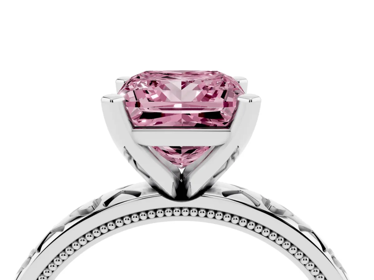 Fancy Pink Princess Cut Solitaire Diamond Engagement Ring with XO Engraved Band and Four-Prong Setting Silver