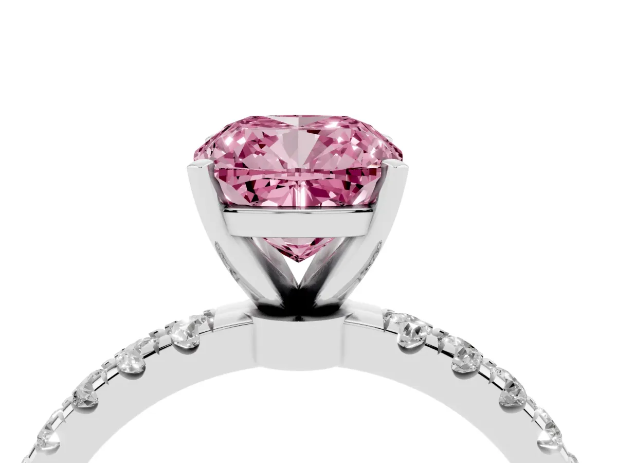 Fancy Pink Cushion Cut Diamond Solitaire Ring with Pavé Accents and Four-Prong Setting White gold