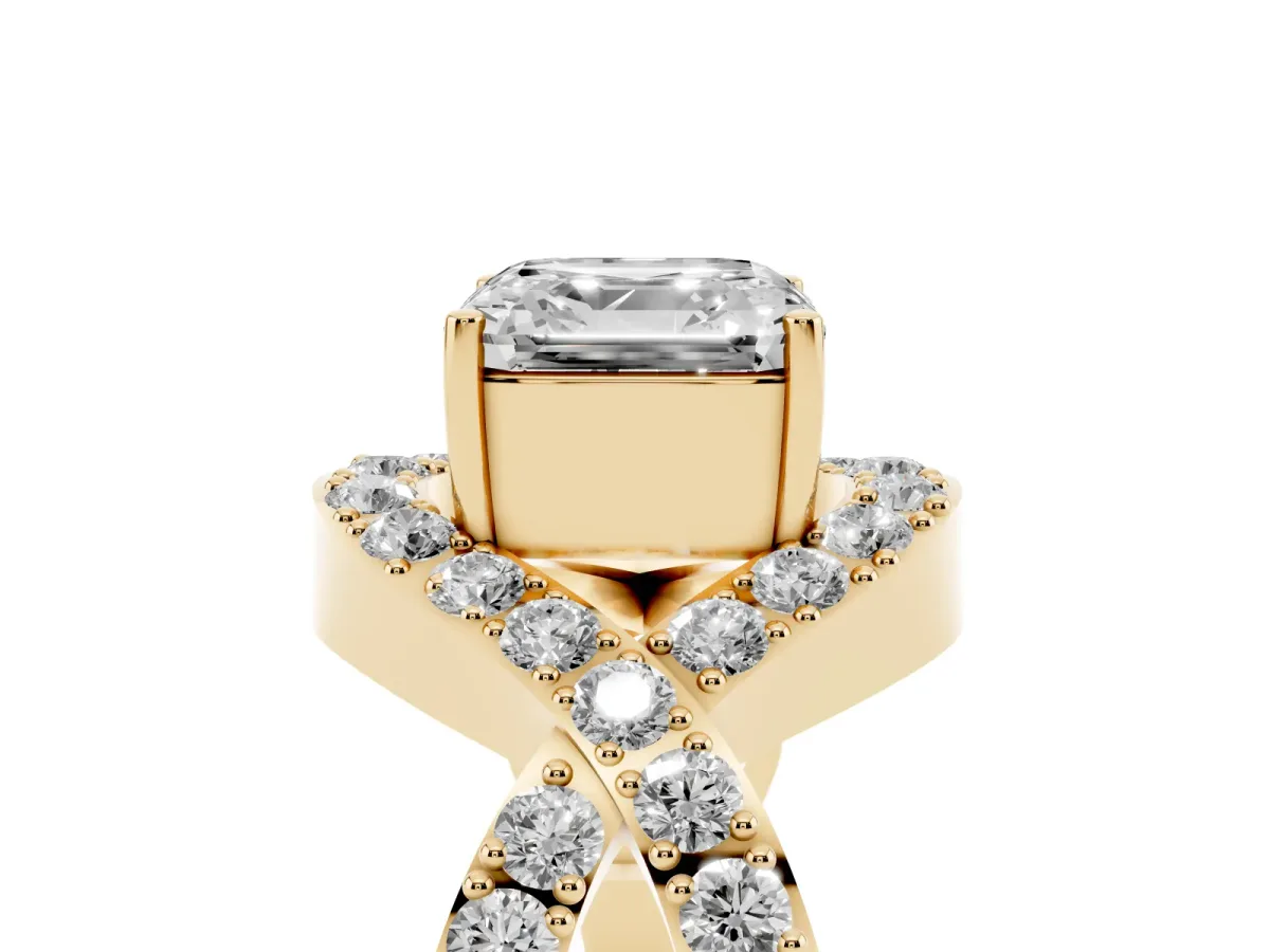 Asscher Cut Solitaire Twist Band Pavé Diamond Engagement Ring Yellow gold