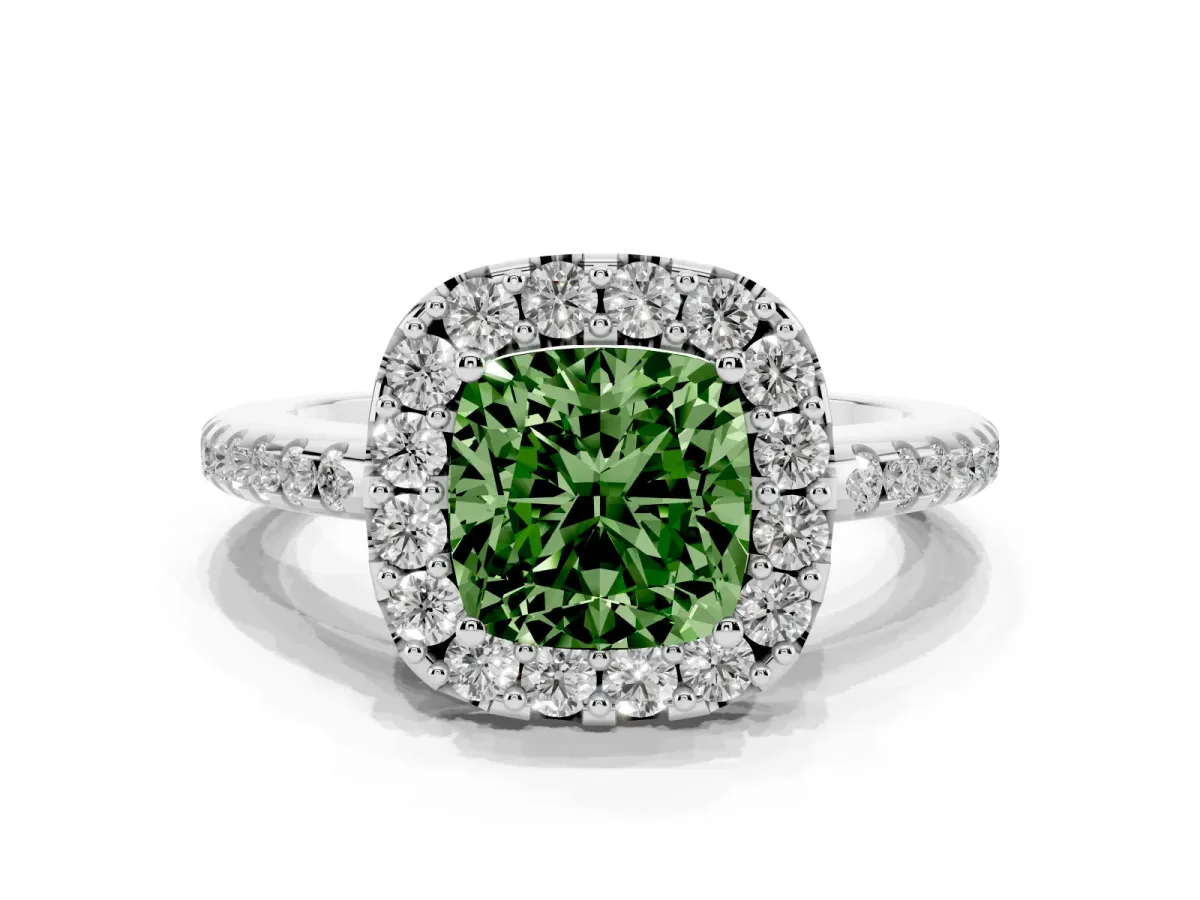Fancy Green Cushion Cut Diamond Pavé Halo Ring with Four-Prong Setting Silver