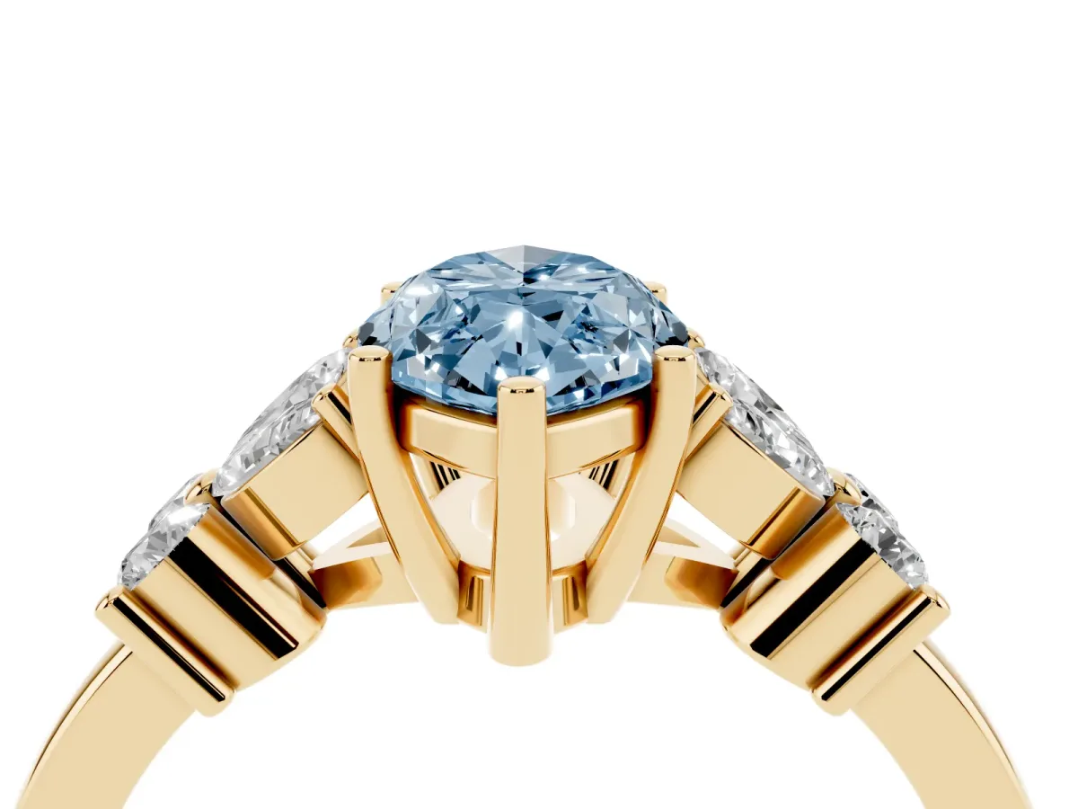 Fancy Blue Marquise Cut Diamond Floral Cluster Ring with Solitaire Band and Prong Setting Yellow gold
