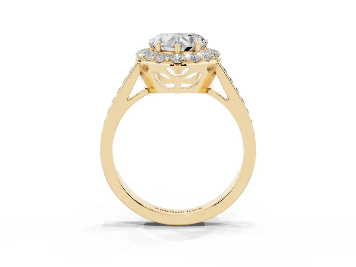 Heart Cut Diamond Floral Halo Ring with Pavé Band and Prong Setting Yellow gold
