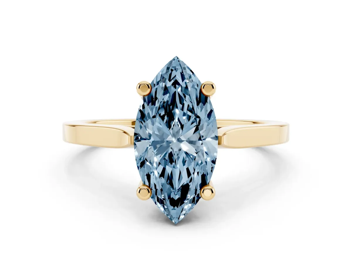 Fancy Blue Marquise Cut Solitaire Diamond Ring with Four-Prong Setting and Tapered Band Yellow gold