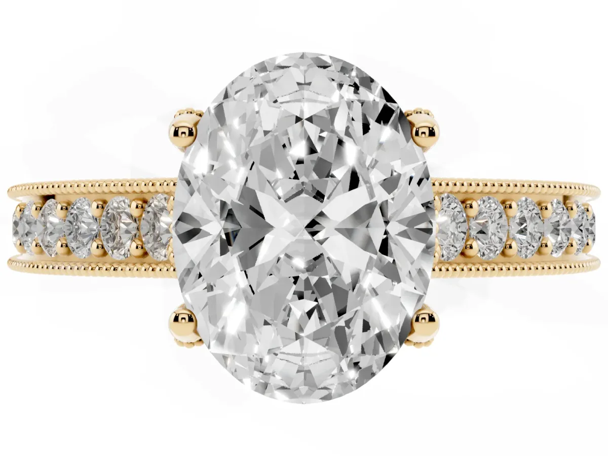 Oval Cut Cut Diamond Solitaire Ring with Milgrain Pave Band and Four Prong Setting Yellow gold