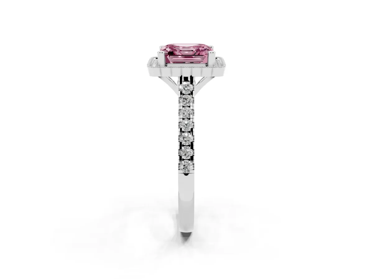 Fancy Pink Asscher Cut Cut Diamond Milgrain Floral Halo Engagement Ring with Pavé Band Silver