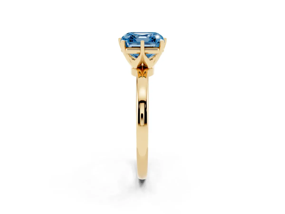 Fancy Blue Asscher Cut Solitaire Diamond Ring with Six-Prong Setting on a Classic Band Yellow gold