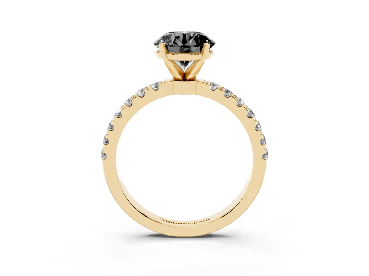 Fancy Black Round Cut Diamond Solitaire Ring with Pavé Accents and Four-Prong Setting Yellow gold