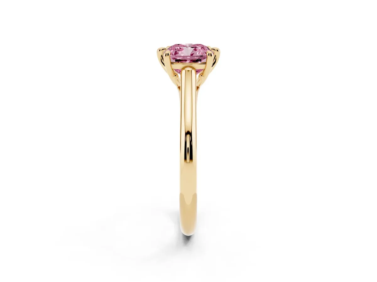 Fancy Pink Cushion Cut Solitaire Engagement Ring with Six-Prong Setting and Classic Band Yellow gold