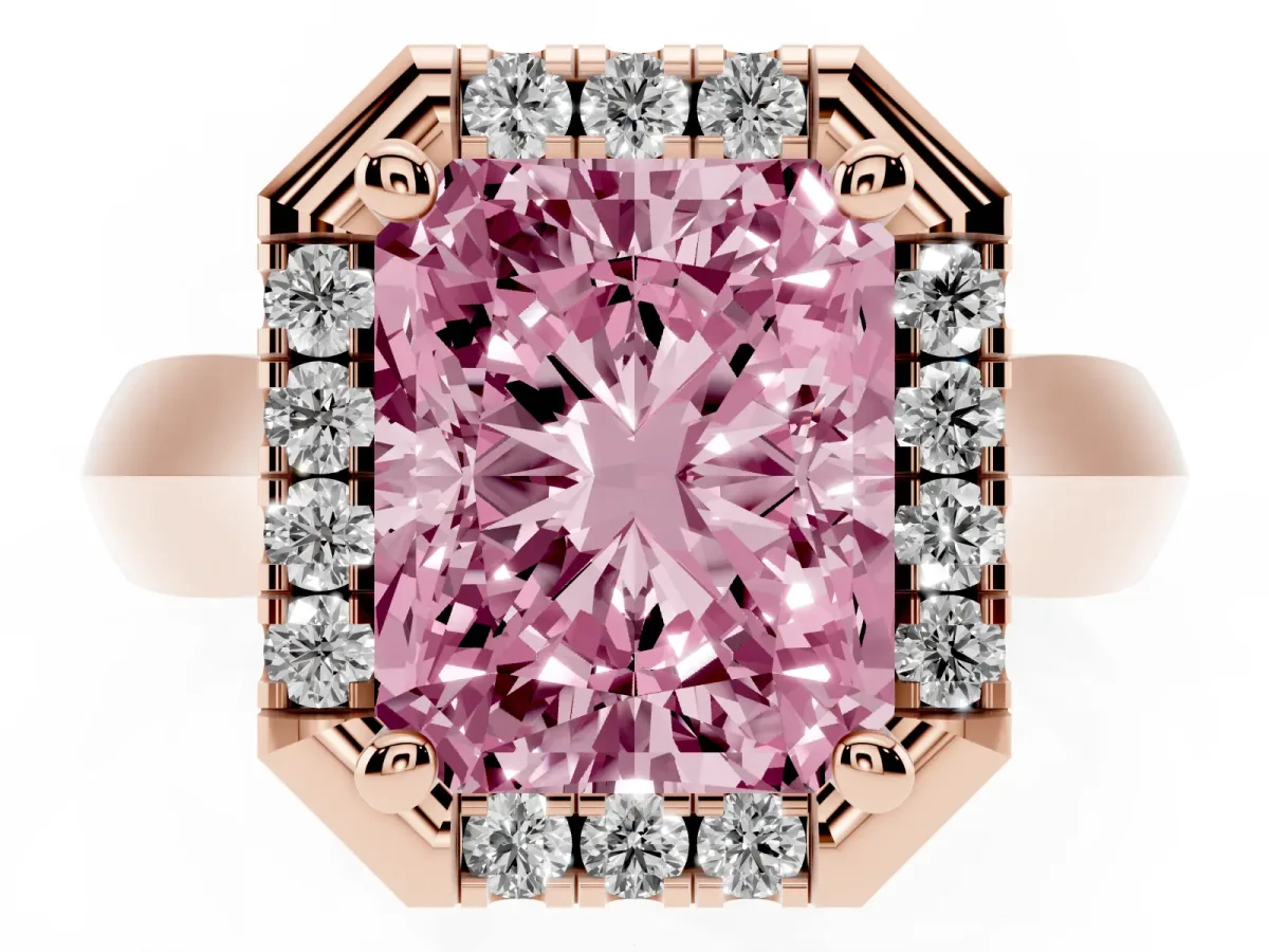 Fancy Pink Radiant Cut Cut Halo Solitaire Engagement Ring with Square Band and Four-Prong Setting Rose gold