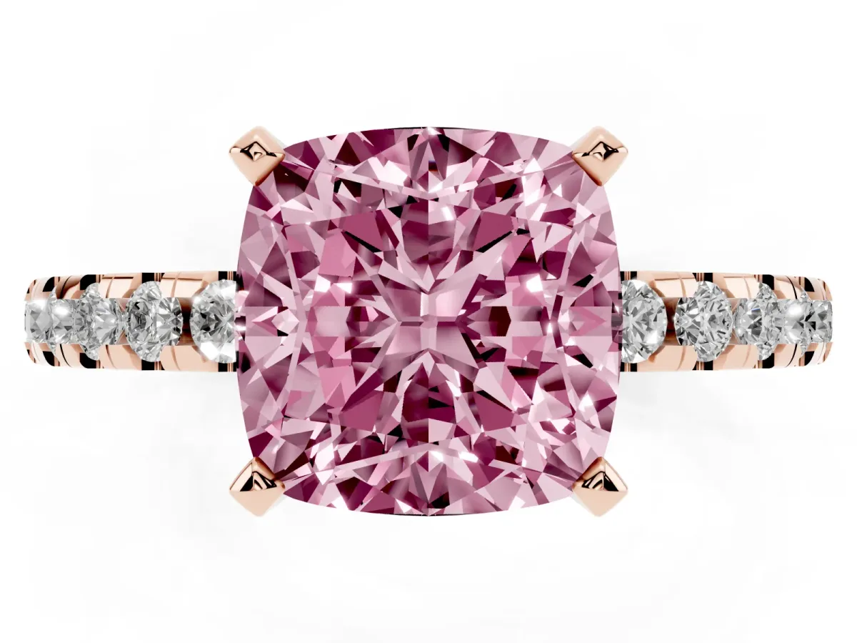 Fancy Pink Cushion Cut Diamond Solitaire Ring with Round Pavé Band and Four-Prong Setting Rose gold