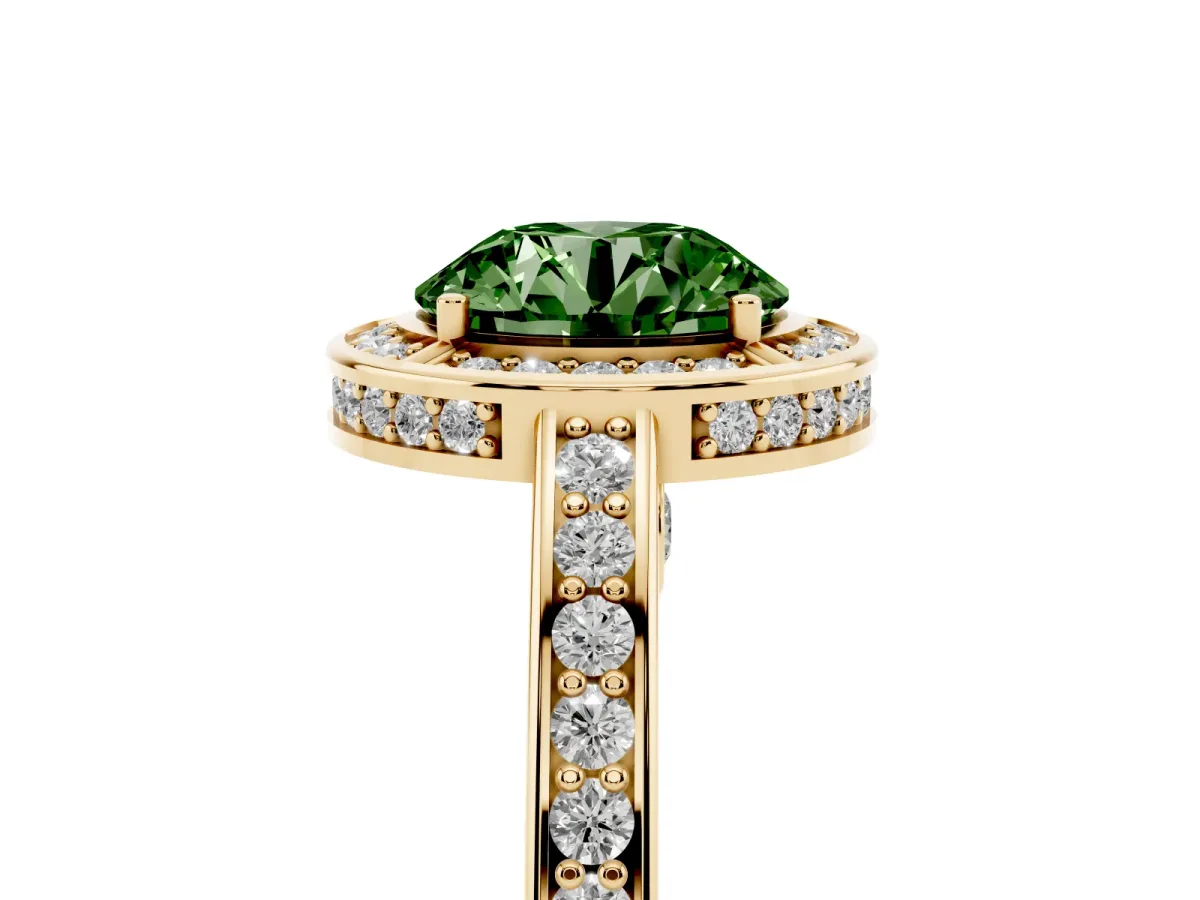 Fancy Green Round Cut Cut Halo Pave Split Shank Prong Setting Ring Yellow gold
